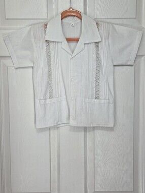 Handmade Boys White Guayabera Shirt Short Sleeve Pleated Embroidered Size 4